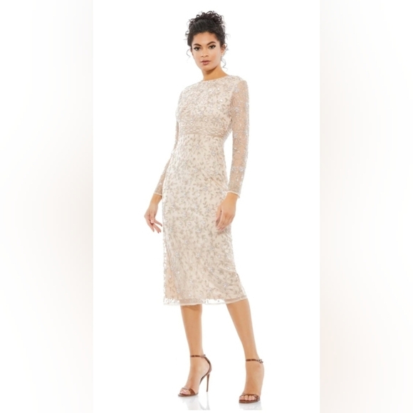 NWT! Mac‎ DuggalBeaded Tea Length Dress with Sheer Sleeves Nude Size 4